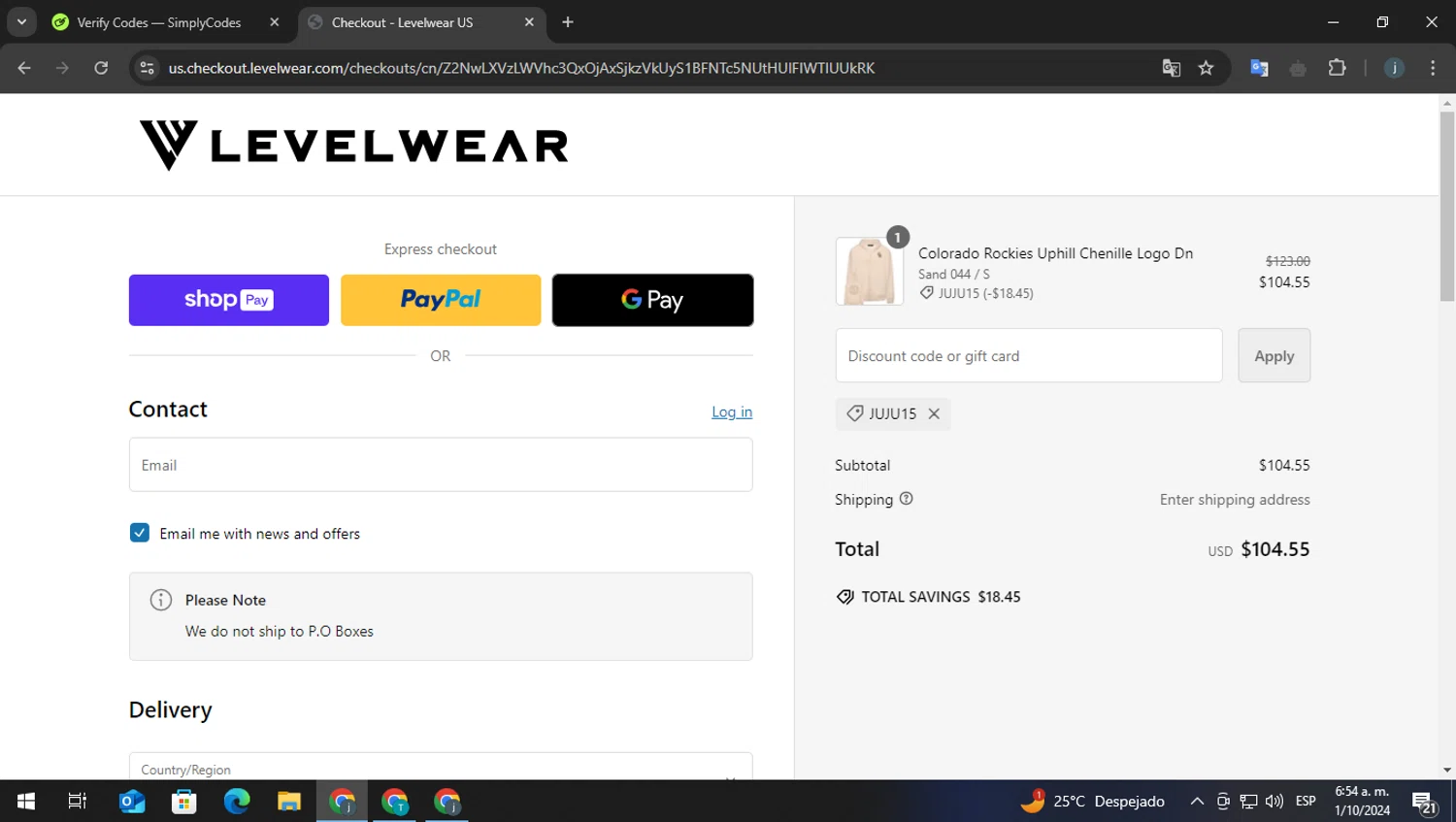 Levelwear checkout page showing Levelwear promo code box | Screenshot taken by SimplyCodes community member on Oct 1, 2024