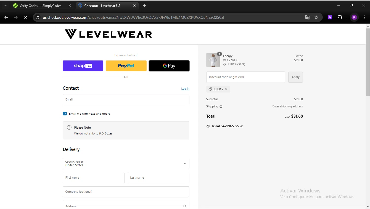 Levelwear checkout page showing Levelwear promo code box | Screenshot taken by SimplyCodes community member on Oct 30, 2024