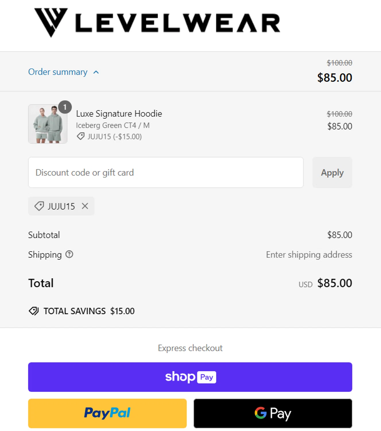 Levelwear checkout page showing Levelwear promo code box | Screenshot taken by SimplyCodes community member on Dec 27, 2024