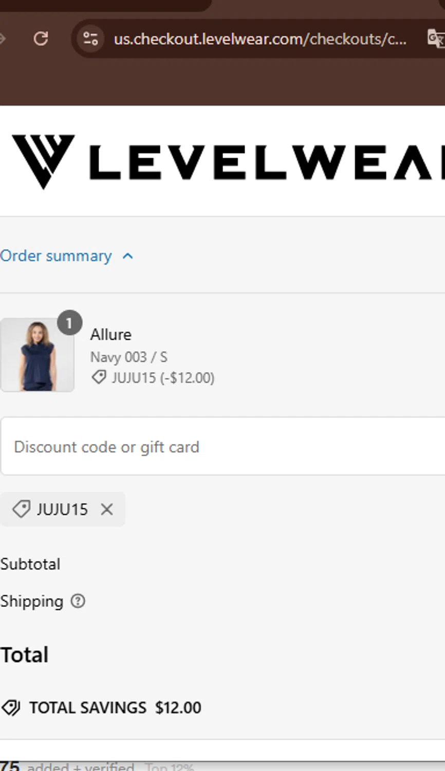 Levelwear checkout page showing Levelwear promo code box | Screenshot taken by SimplyCodes community member on Jan 25, 2025