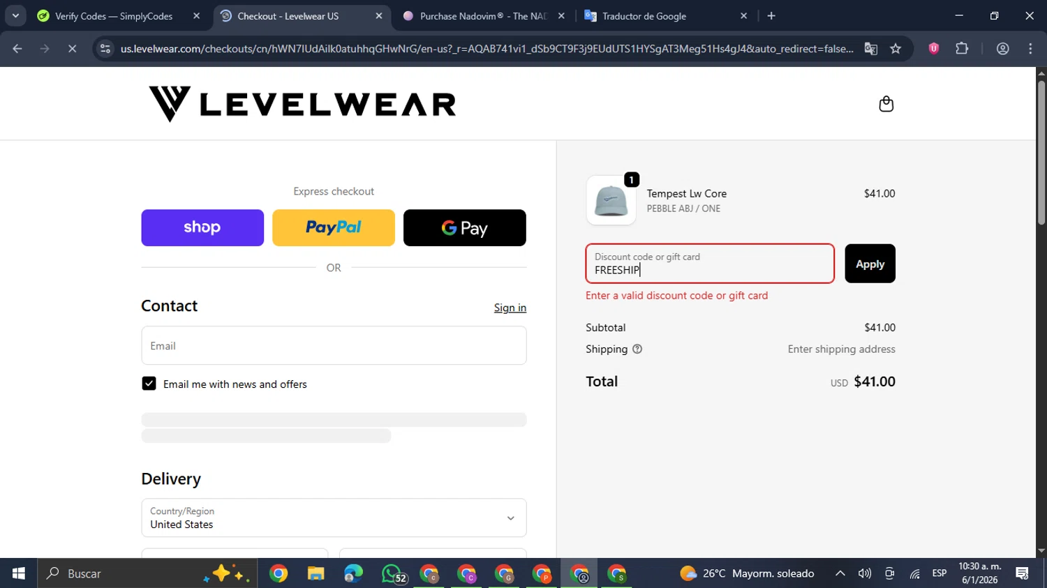 Levelwear promo code screenshot showing code FREESHIP applied at Levelwear checkout page. Uploaded by SimplyCodes community member GloriousDefender7889 on Jan 6, 2026