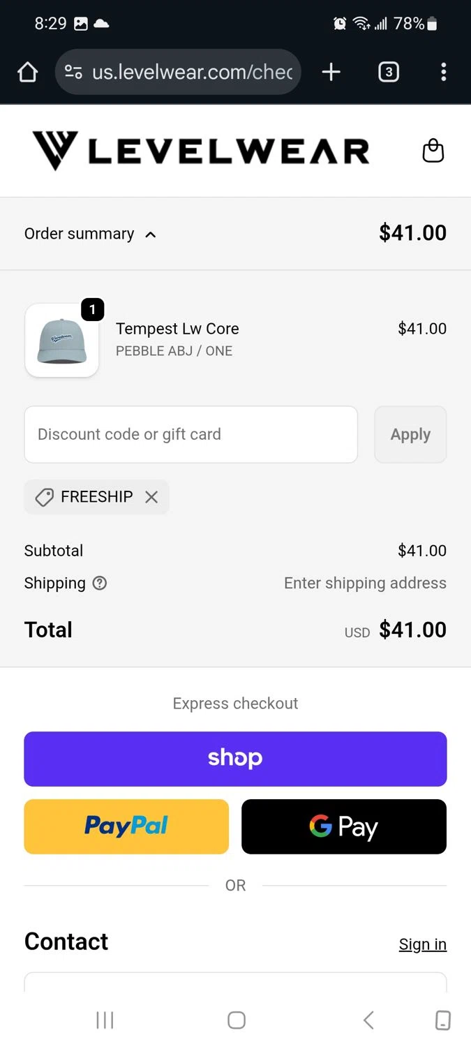Levelwear promo code screenshot showing code FREESHIP applied at Levelwear checkout page. Uploaded by SimplyCodes community member Milaya on Dec 9, 2025