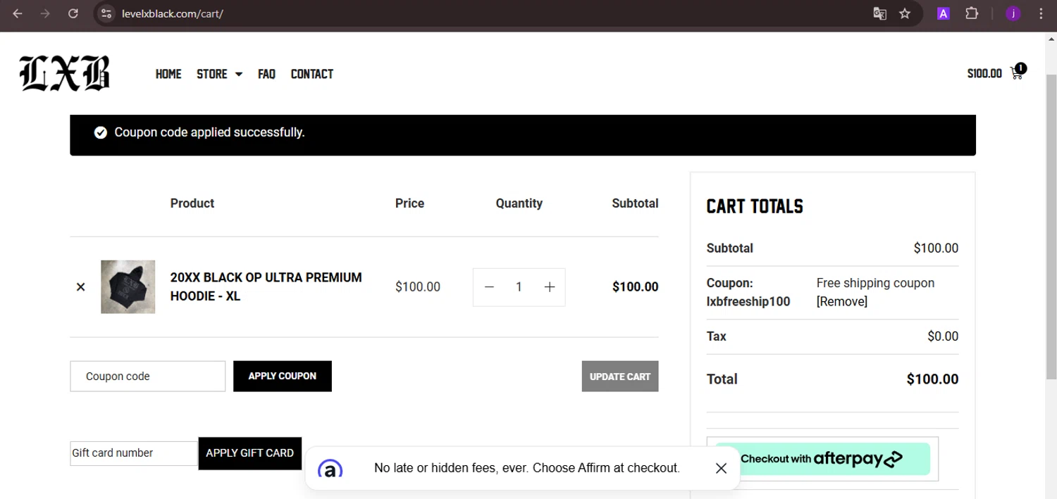 Level X Black checkout page showing Level X Black coupon code box | Screenshot taken by SimplyCodes community member on Nov 8, 2024
