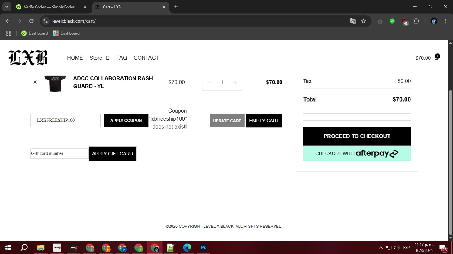 Level X Black coupon code screenshot showing code LXBFREESHIP100 applied at Level X Black checkout page. Uploaded by SimplyCodes community member BudgetOwl2519 on Mar 11, 2025