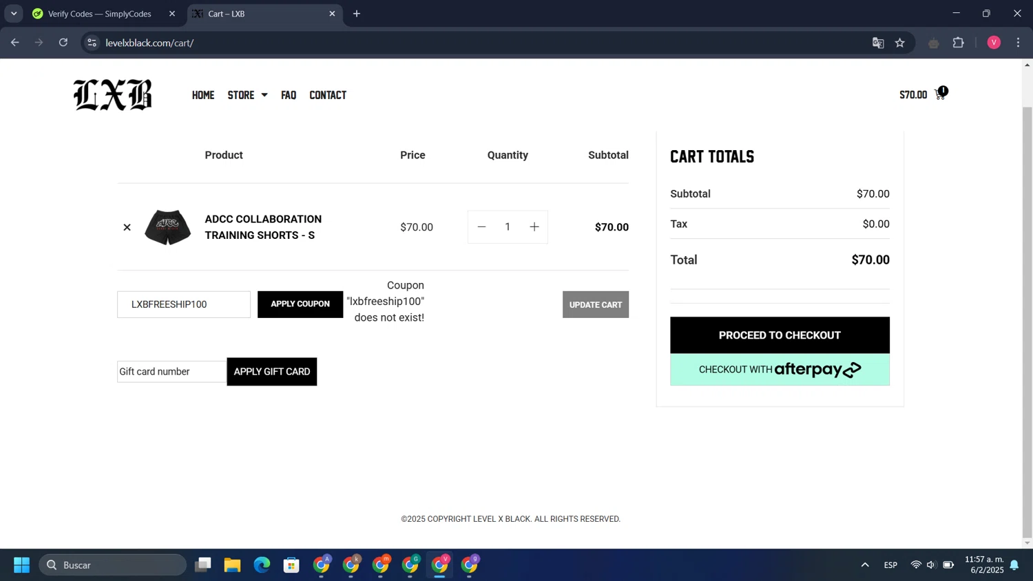 Level X Black coupon code screenshot showing code LXBFREESHIP100 applied at Level X Black checkout page. Uploaded by SimplyCodes community member ValiantMonarch4508 on Feb 6, 2025