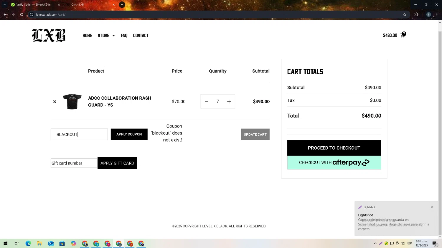 Level X Black coupon code screenshot showing code BLACKOUT applied at Level X Black checkout page. Uploaded by SimplyCodes community member 27zxbr on Feb 13, 2025