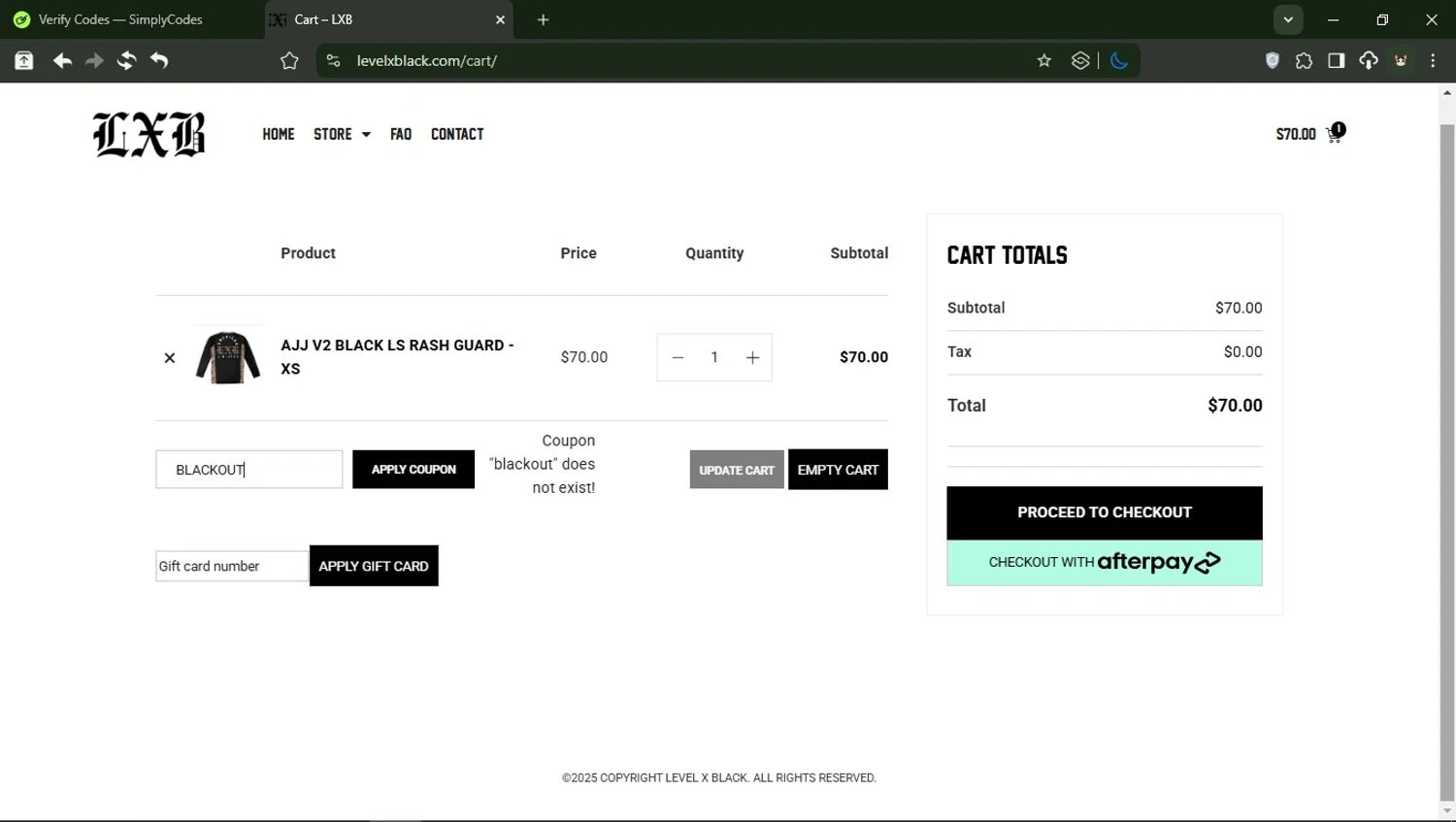Level X Black coupon code screenshot showing code BLACKOUT applied at Level X Black checkout page. Uploaded by SimplyCodes community member domain on Mar 7, 2025