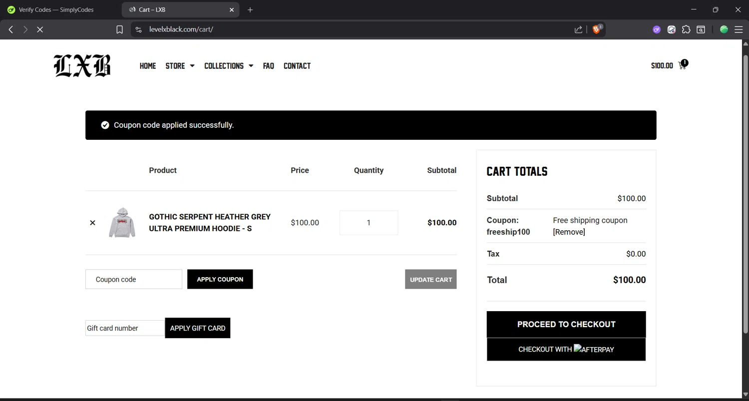 Level X Black coupon code screenshot showing code FREESHIP100 applied at Level X Black checkout page. Uploaded by SimplyCodes community member Focus_123 on Dec 21, 2025