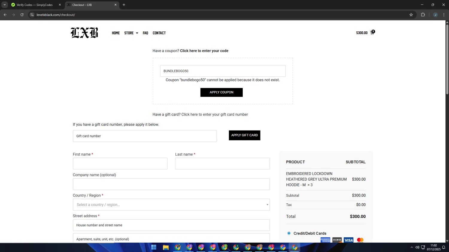 Level X Black coupon code screenshot showing code BUNDLEBOGO50 applied at Level X Black checkout page. Uploaded by SimplyCodes community member AVATIGRITO on Dec 7, 2025