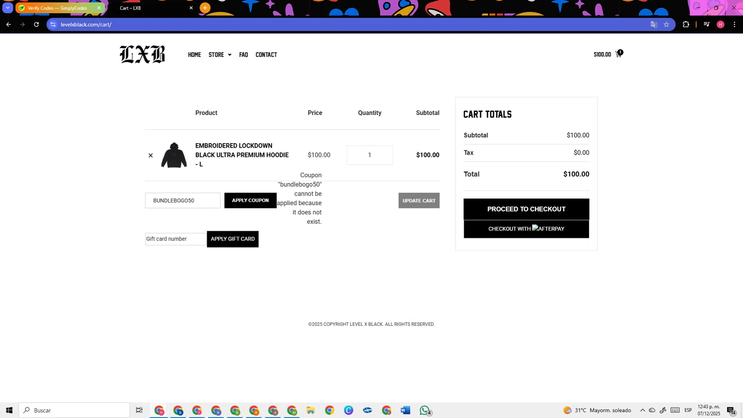 Level X Black coupon code screenshot showing code BUNDLEBOGO50 applied at Level X Black checkout page. Uploaded by SimplyCodes community member TokenSleuth5758 on Dec 7, 2025