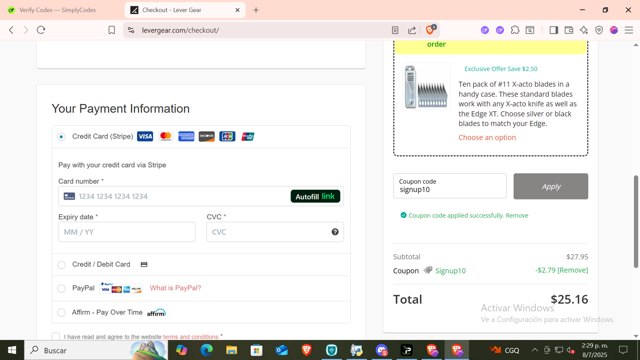 Lever Gear checkout page showing Lever Gear coupon code box | Screenshot taken by SimplyCodes community member on Jul 8, 2025