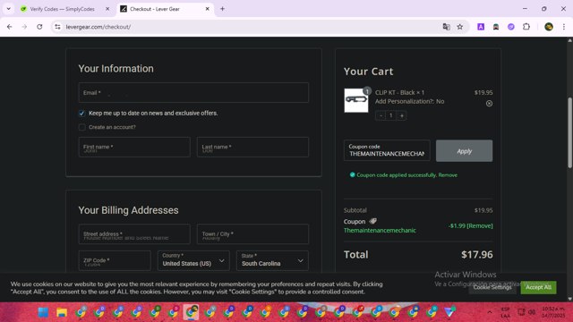 Lever Gear checkout page showing Lever Gear coupon code box | Screenshot taken by SimplyCodes community member on Jul 14, 2025