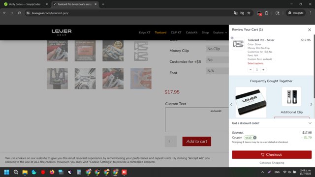 Lever Gear checkout page showing Lever Gear coupon code box | Screenshot taken by SimplyCodes community member on Jul 17, 2025