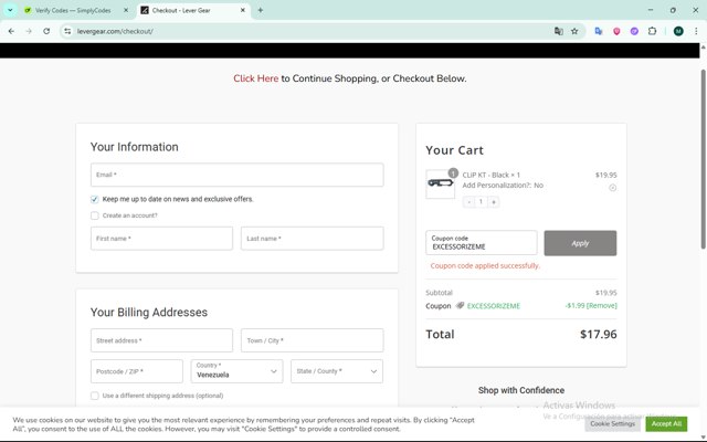 Lever Gear checkout page showing Lever Gear coupon code box | Screenshot taken by SimplyCodes community member on Jun 21, 2025