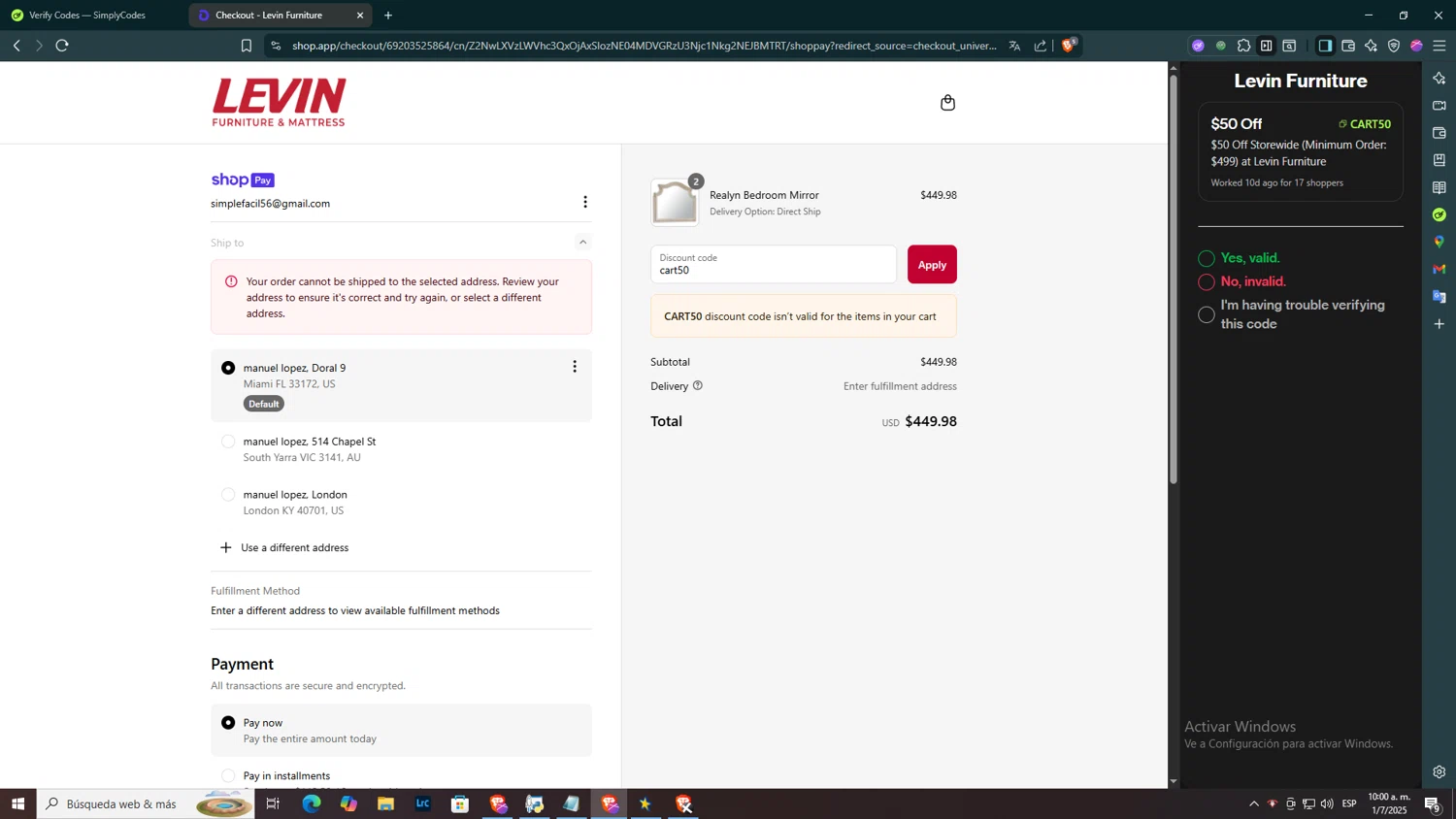 Levin Furniture coupon code screenshot showing code cart50 applied at Levin Furniture checkout page. Uploaded by SimplyCodes community member BOLITAS on Jul 1, 2025