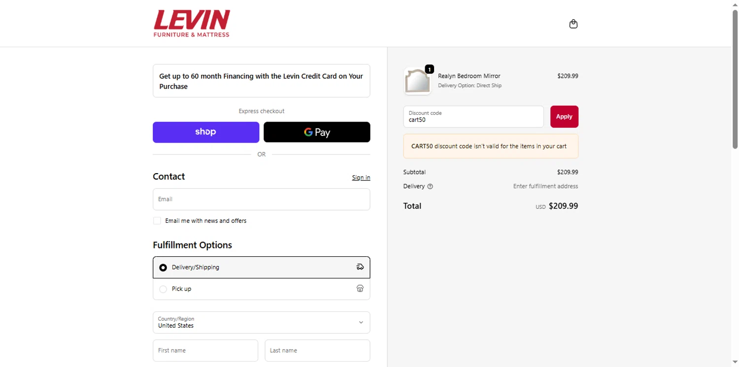 Levin Furniture coupon code screenshot showing code cart50 applied at Levin Furniture checkout page. Uploaded by SimplyCodes community member renegul on Sep 20, 2025