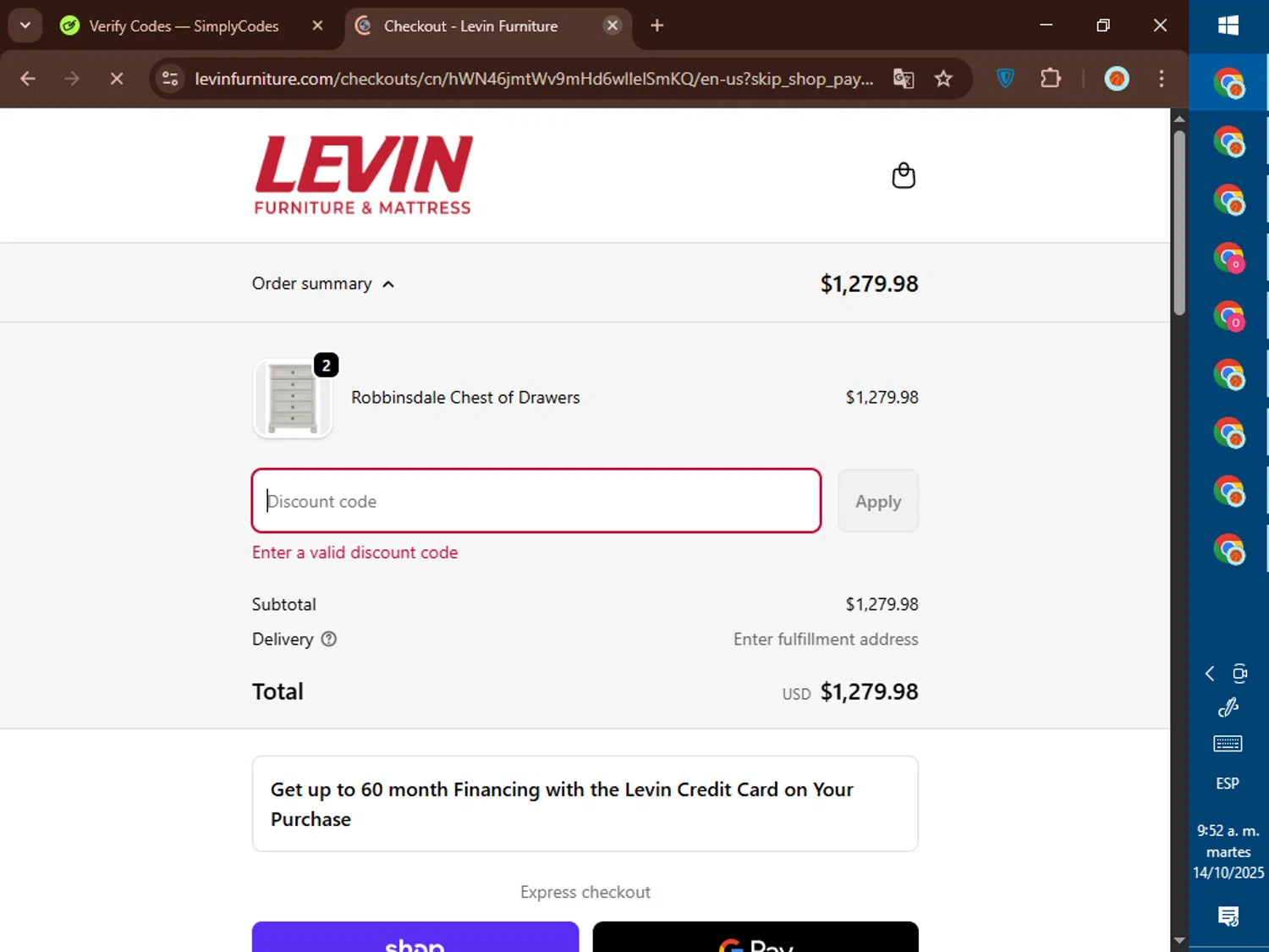 Levin Furniture coupon code screenshot showing code WEB2DAY applied at Levin Furniture checkout page. Uploaded by SimplyCodes community member DealElite4728 on Oct 14, 2025