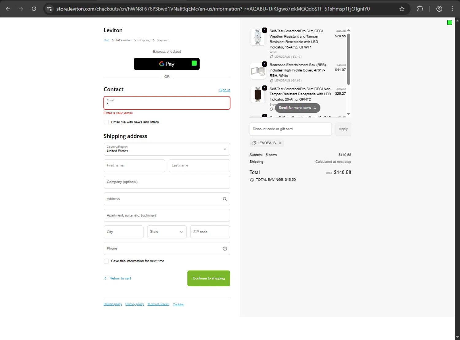 Leviton promo code screenshot showing code LEVDEALS applied at Leviton checkout page. Uploaded by SimplyCodes community member luffyreturn on Jan 31, 2026
