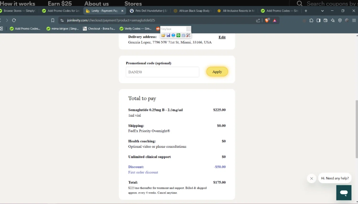 Levity Healthcare checkout page showing Levity Healthcare promo code box | Screenshot taken by SimplyCodes community member on Feb 13, 2025