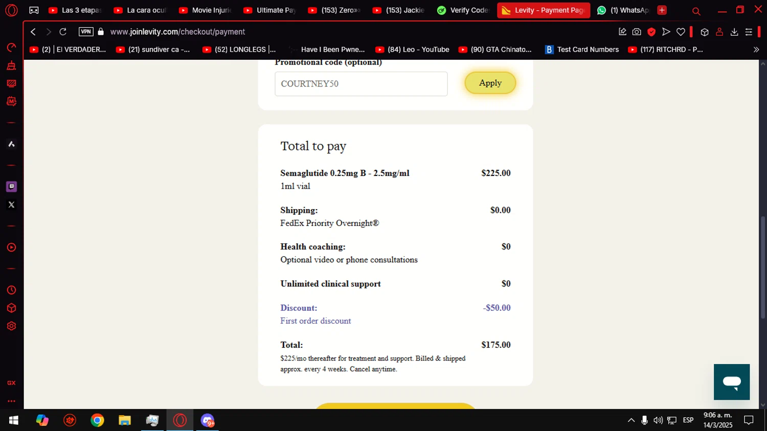 Levity Healthcare checkout page showing Levity Healthcare promo code box | Screenshot taken by SimplyCodes community member on Mar 14, 2025