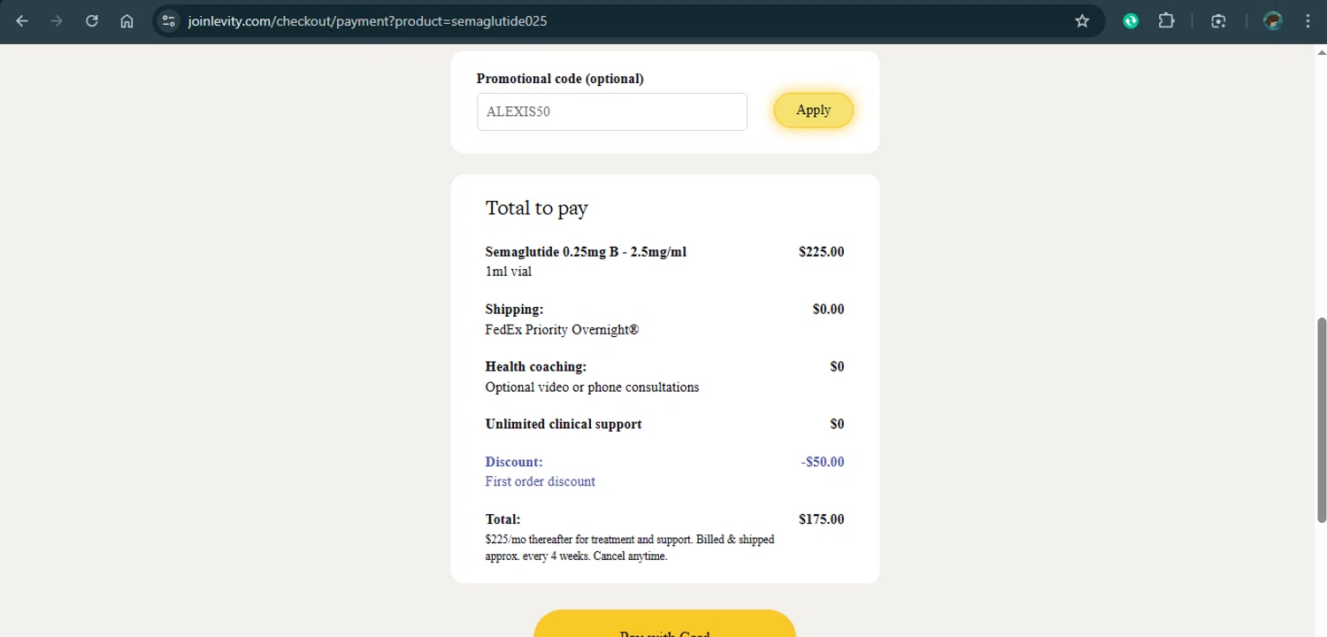 Levity Healthcare checkout page showing Levity Healthcare promo code box | Screenshot taken by SimplyCodes community member on Mar 18, 2025