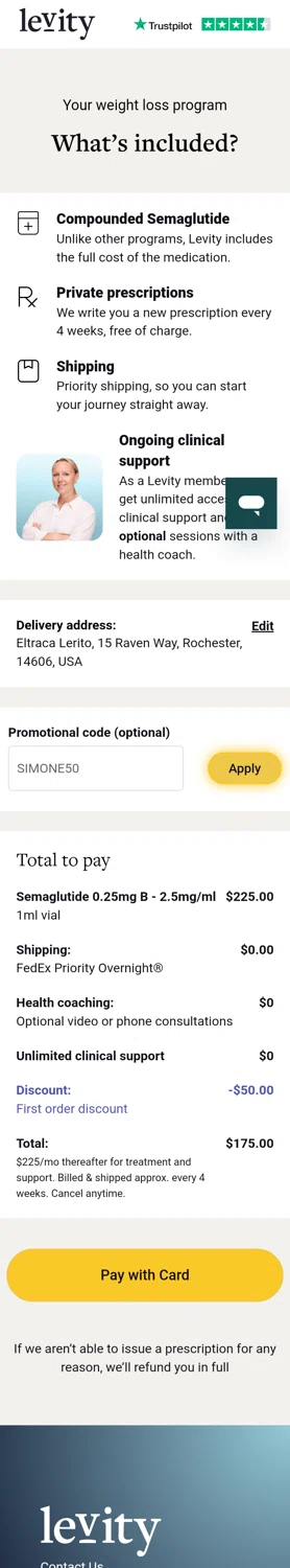 Levity Healthcare checkout page showing Levity Healthcare promo code box | Screenshot taken by SimplyCodes community member on Feb 17, 2025