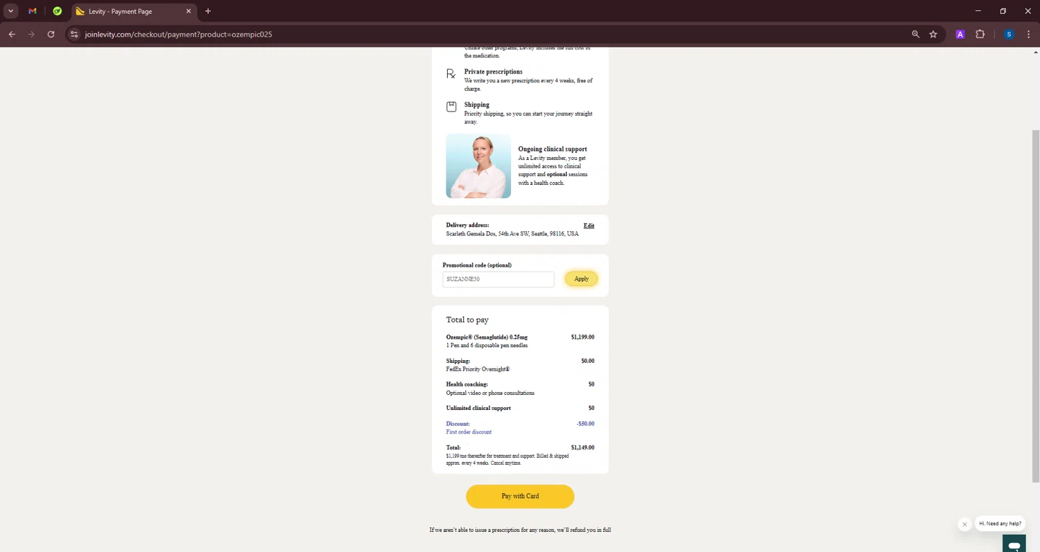 Levity Healthcare checkout page showing Levity Healthcare promo code box | Screenshot taken by SimplyCodes community member on Feb 17, 2025