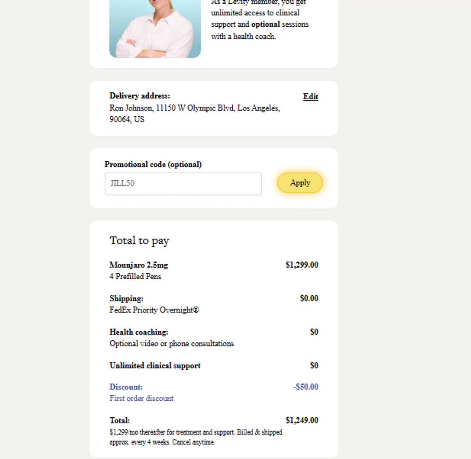 Levity Healthcare promo code screenshot showing code JILL50 applied at Levity Healthcare checkout page. Uploaded by SimplyCodes community member SimplyCVerlie on Jun 23, 2025