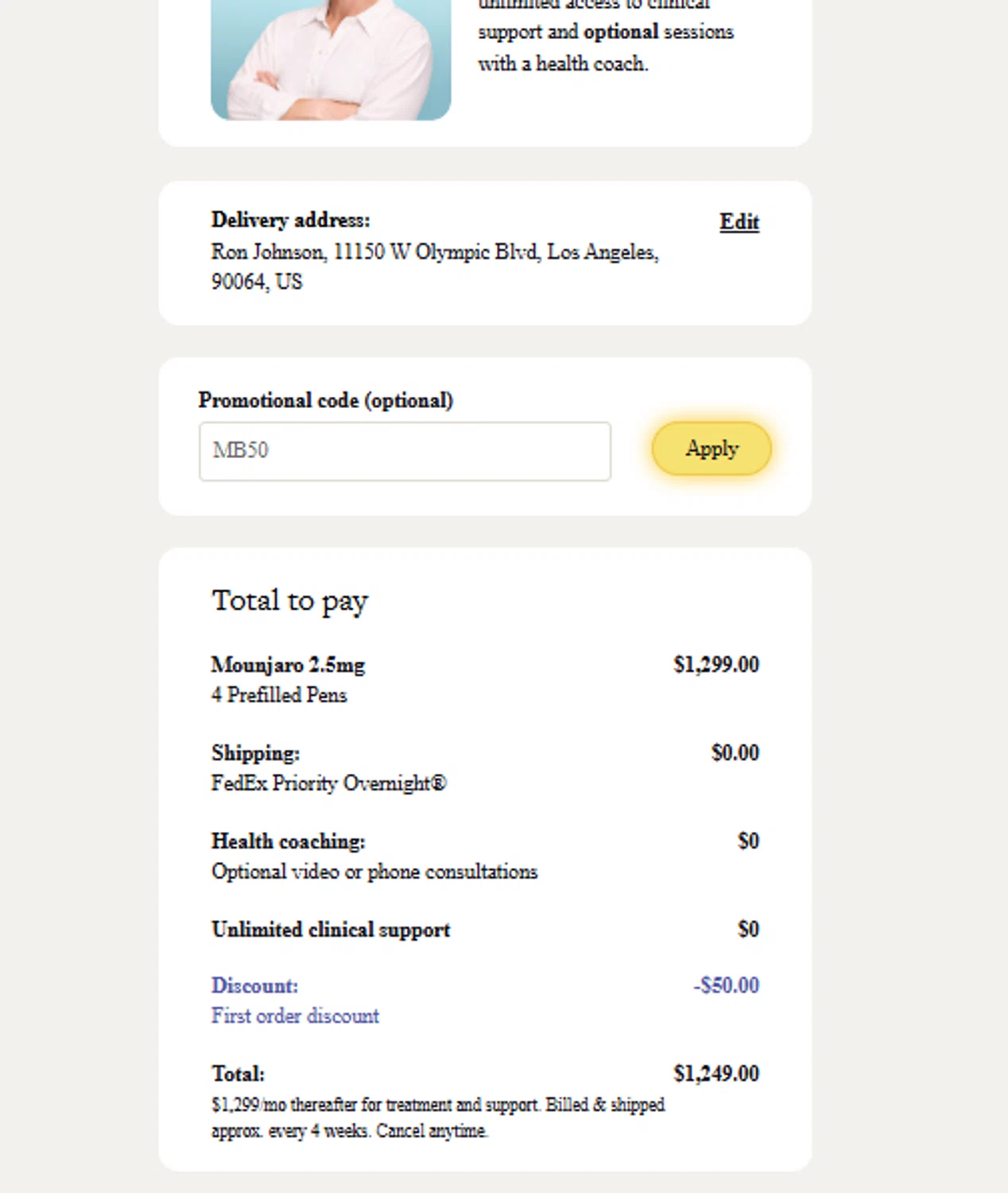 Levity Healthcare promo code screenshot showing code MB50 applied at Levity Healthcare checkout page. Uploaded by SimplyCodes community member SimplyCVerlie on Jun 23, 2025