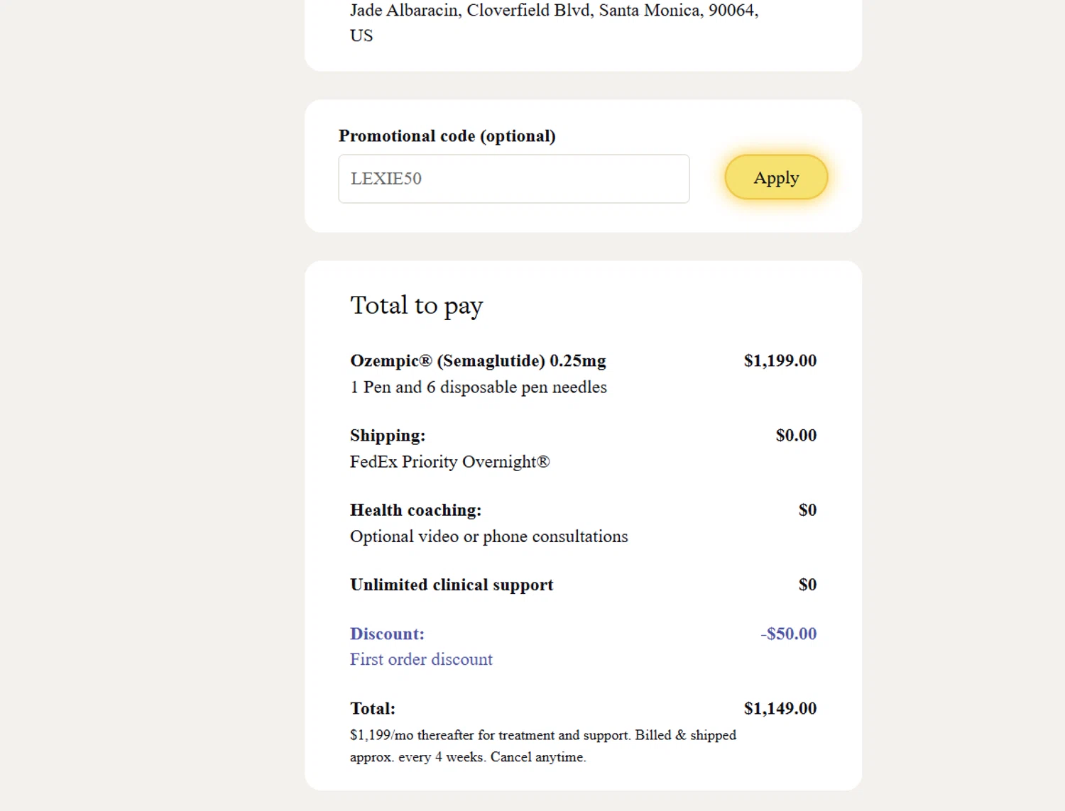 Levity Healthcare promo code screenshot showing code LEXIE50 applied at Levity Healthcare checkout page. Uploaded by SimplyCodes community member jade5416625024720 on Jun 23, 2025