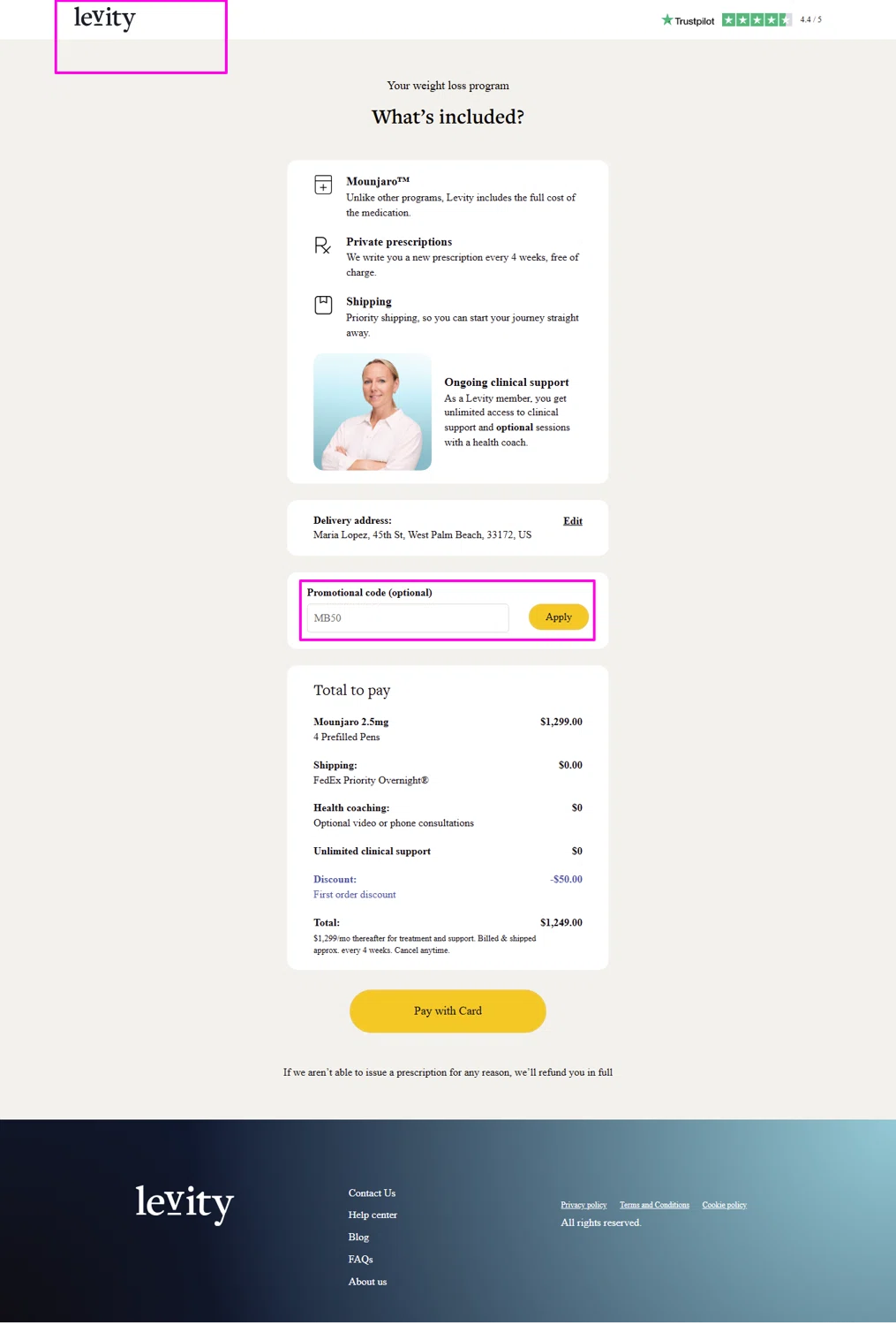 Levity Healthcare promo code screenshot showing code JILL50 applied at Levity Healthcare checkout page. Uploaded by SimplyCodes community member mrdarcy on Jun 22, 2025