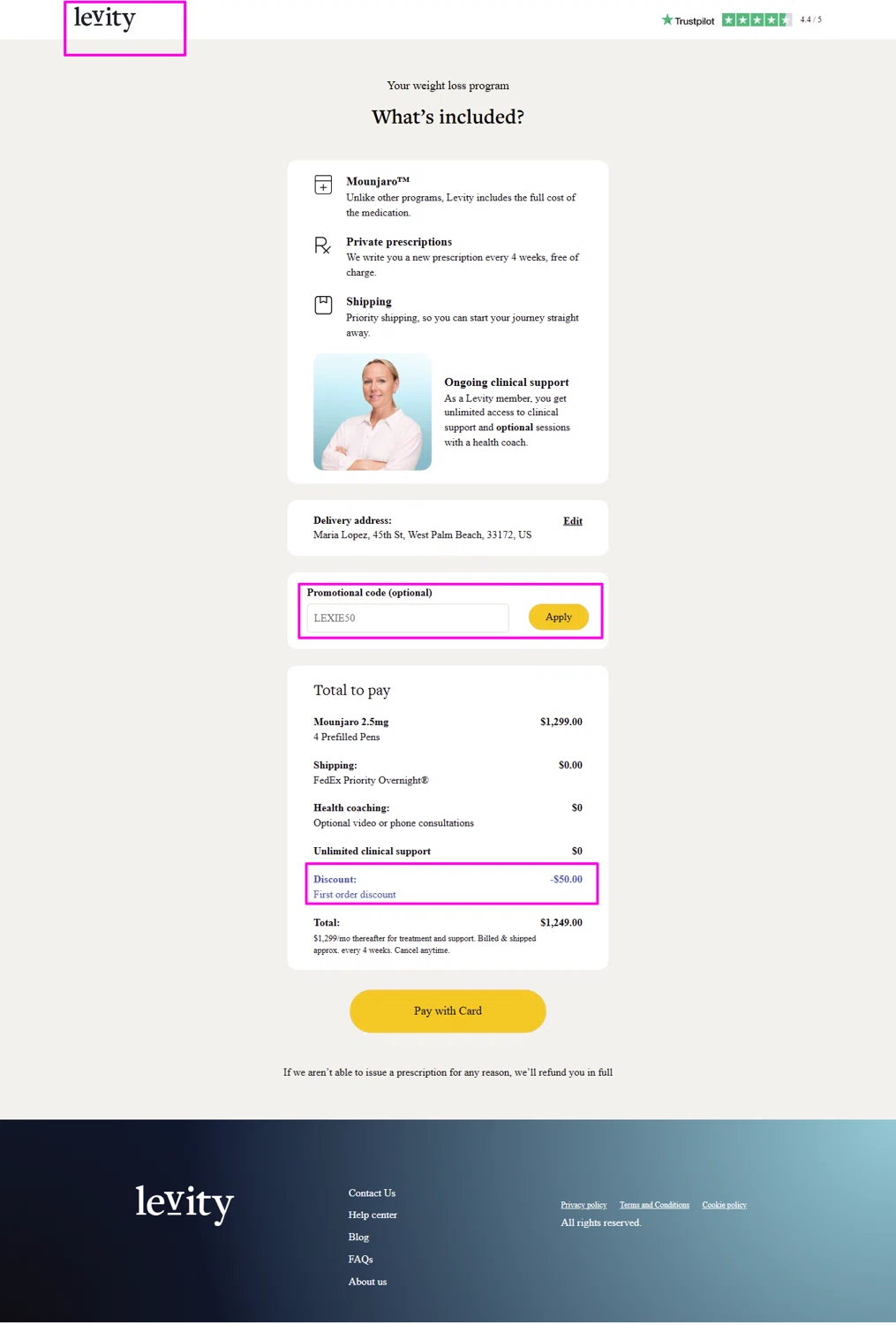 Levity Healthcare promo code screenshot showing code LEXIE50 applied at Levity Healthcare checkout page. Uploaded by SimplyCodes community member mrdarcy on Jun 23, 2025