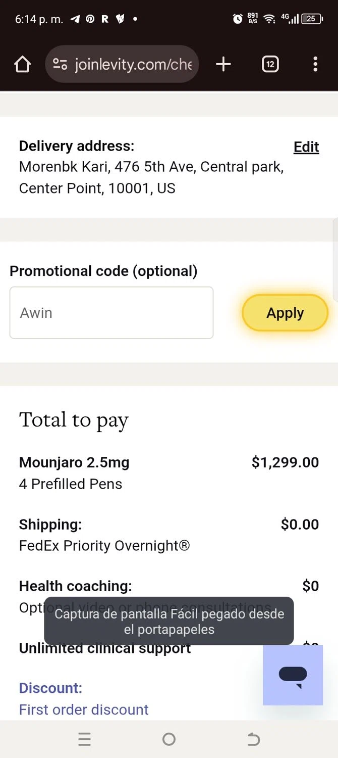 Levity Healthcare promo code screenshot showing code Awin applied at Levity Healthcare checkout page. Uploaded by SimplyCodes community member kellymoreno on Jul 12, 2025