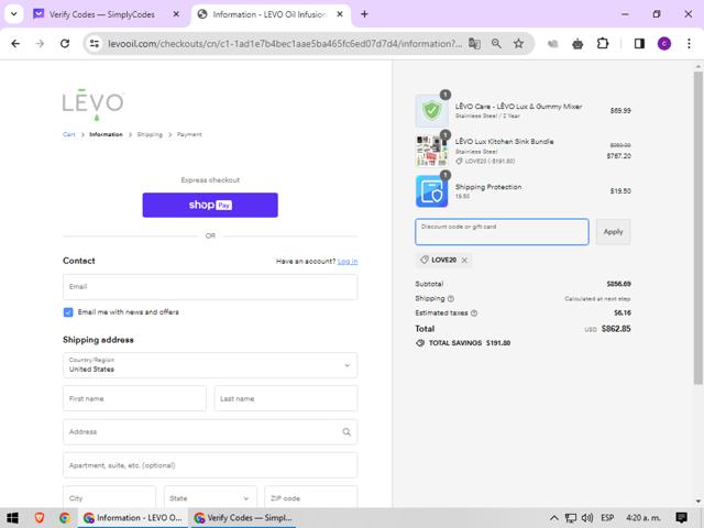 Levo checkout page showing Levo discount code box | Screenshot taken by SimplyCodes community member on Jan 29, 2024