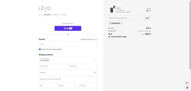 Levo checkout page showing Levo discount code box | Screenshot taken by SimplyCodes community member on Dec 27, 2023