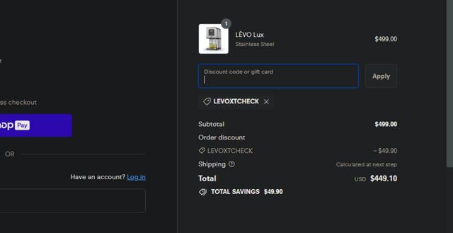 Levo checkout page showing Levo discount code box | Screenshot taken by SimplyCodes community member on Jan 25, 2024