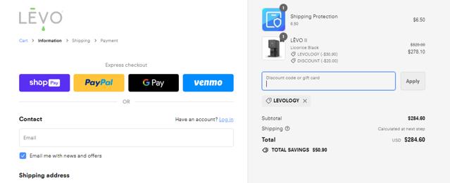 Levo checkout page showing Levo discount code box | Screenshot taken by SimplyCodes community member on Feb 12, 2024