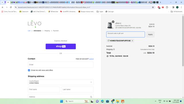 Levo checkout page showing Levo discount code box | Screenshot taken by SimplyCodes community member on Jan 11, 2024