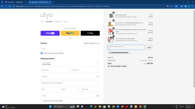 Levo checkout page showing Levo discount code box | Screenshot taken by SimplyCodes community member on Feb 9, 2024