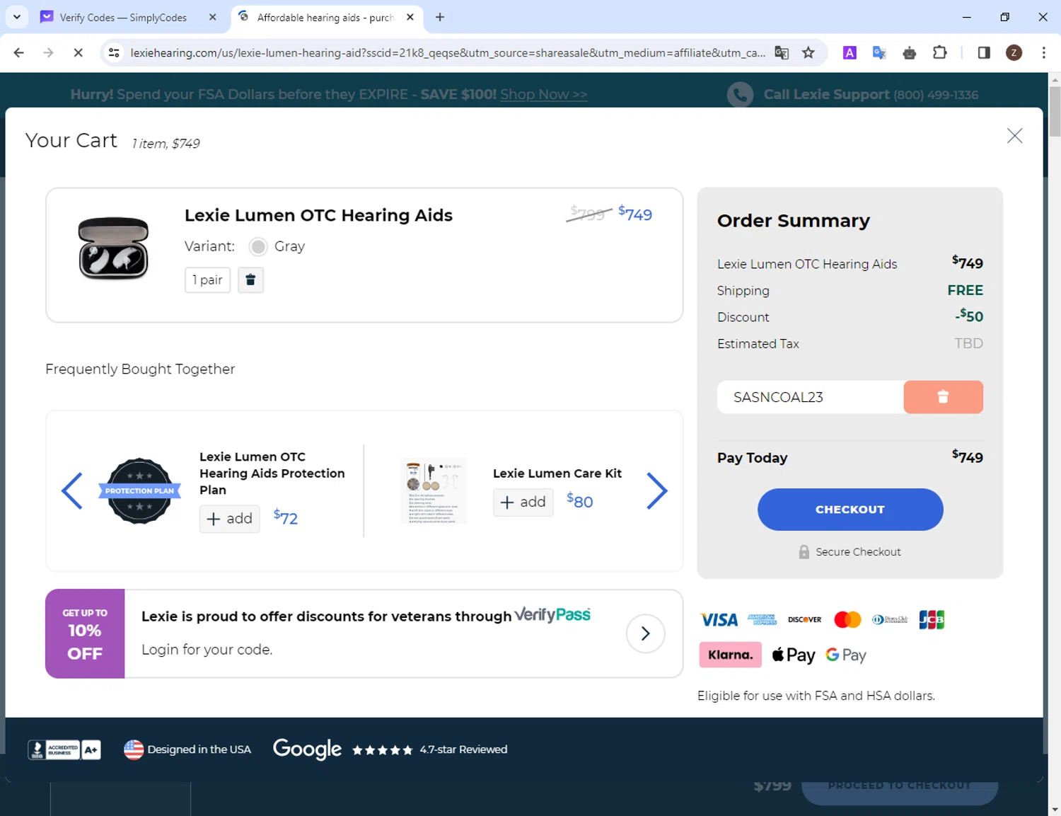 Lexie Hearing checkout page showing Lexie Hearing promo code box | Screenshot taken by SimplyCodes community member on Mar 22, 2024