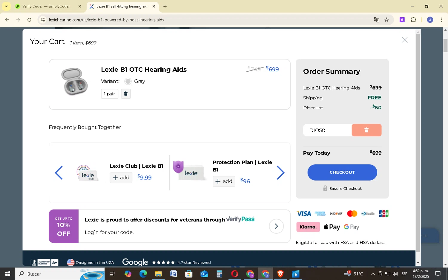Lexie Hearing checkout page showing Lexie Hearing promo code box | Screenshot taken by SimplyCodes community member on Feb 18, 2025