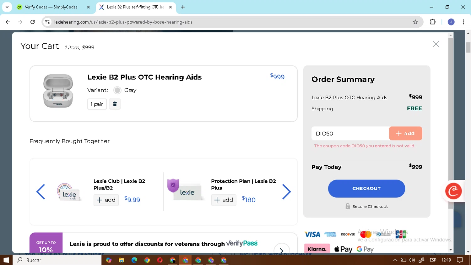 Lexie Hearing promo code screenshot showing code DIO50 applied at Lexie Hearing checkout page. Uploaded by SimplyCodes community member cristianojesus on Mar 5, 2025