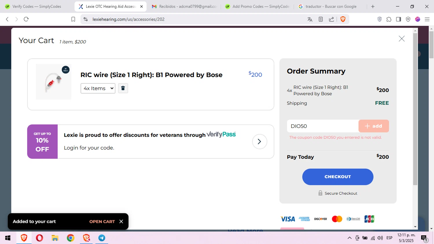 Lexie Hearing promo code screenshot showing code DIO50 applied at Lexie Hearing checkout page. Uploaded by SimplyCodes community member peachee on Mar 5, 2025