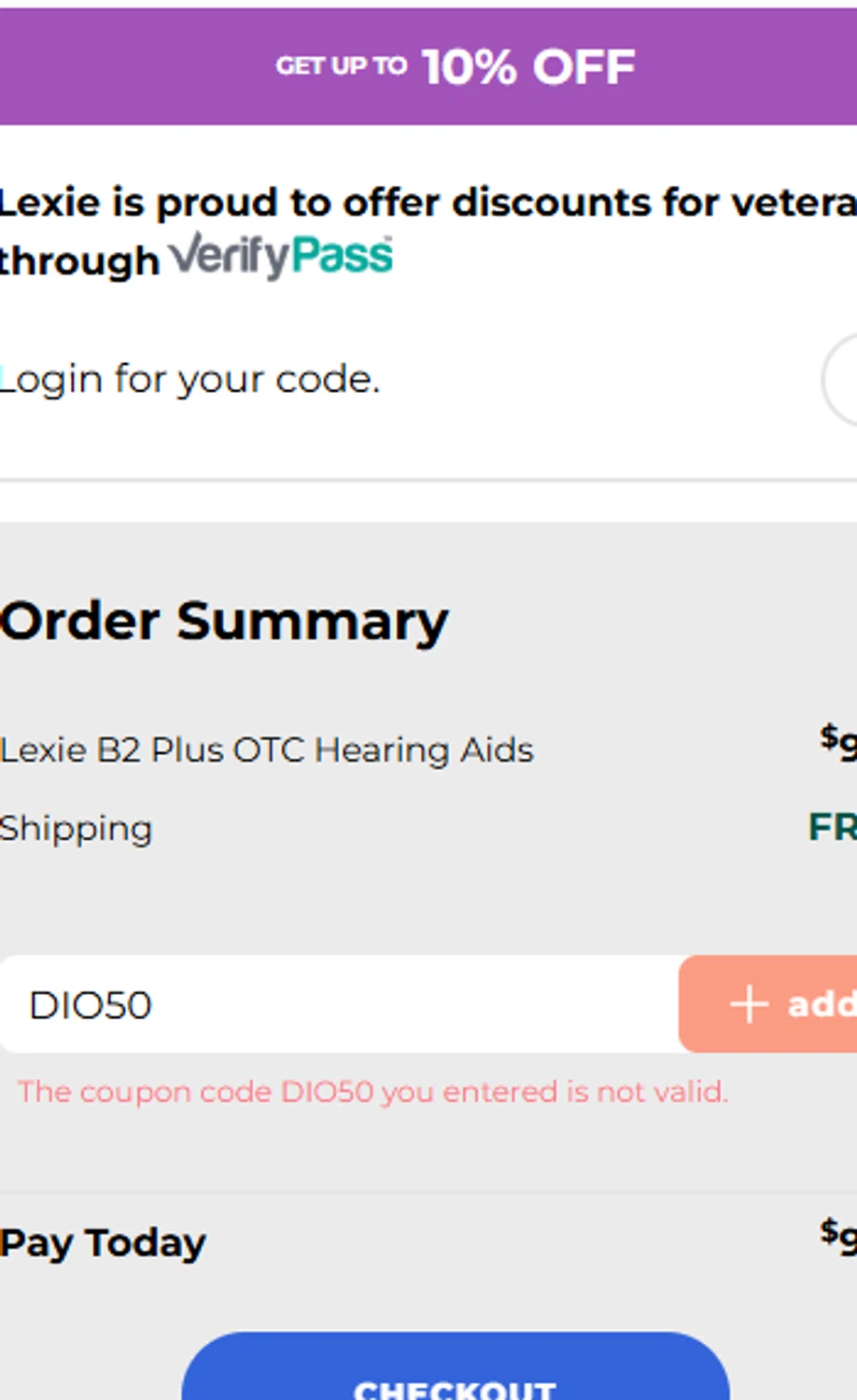 Lexie Hearing promo code screenshot showing code DIO50 applied at Lexie Hearing checkout page. Uploaded by SimplyCodes community member usermariee on Mar 5, 2025