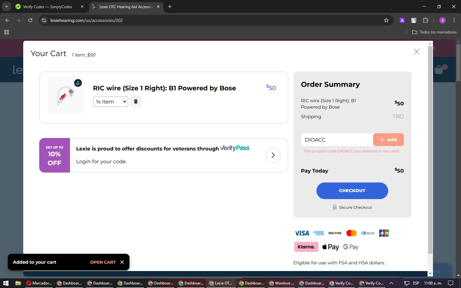 Lexie Hearing promo code screenshot showing code DIOACC applied at Lexie Hearing checkout page. Uploaded by SimplyCodes community member DealPilot7721 on Mar 5, 2025
