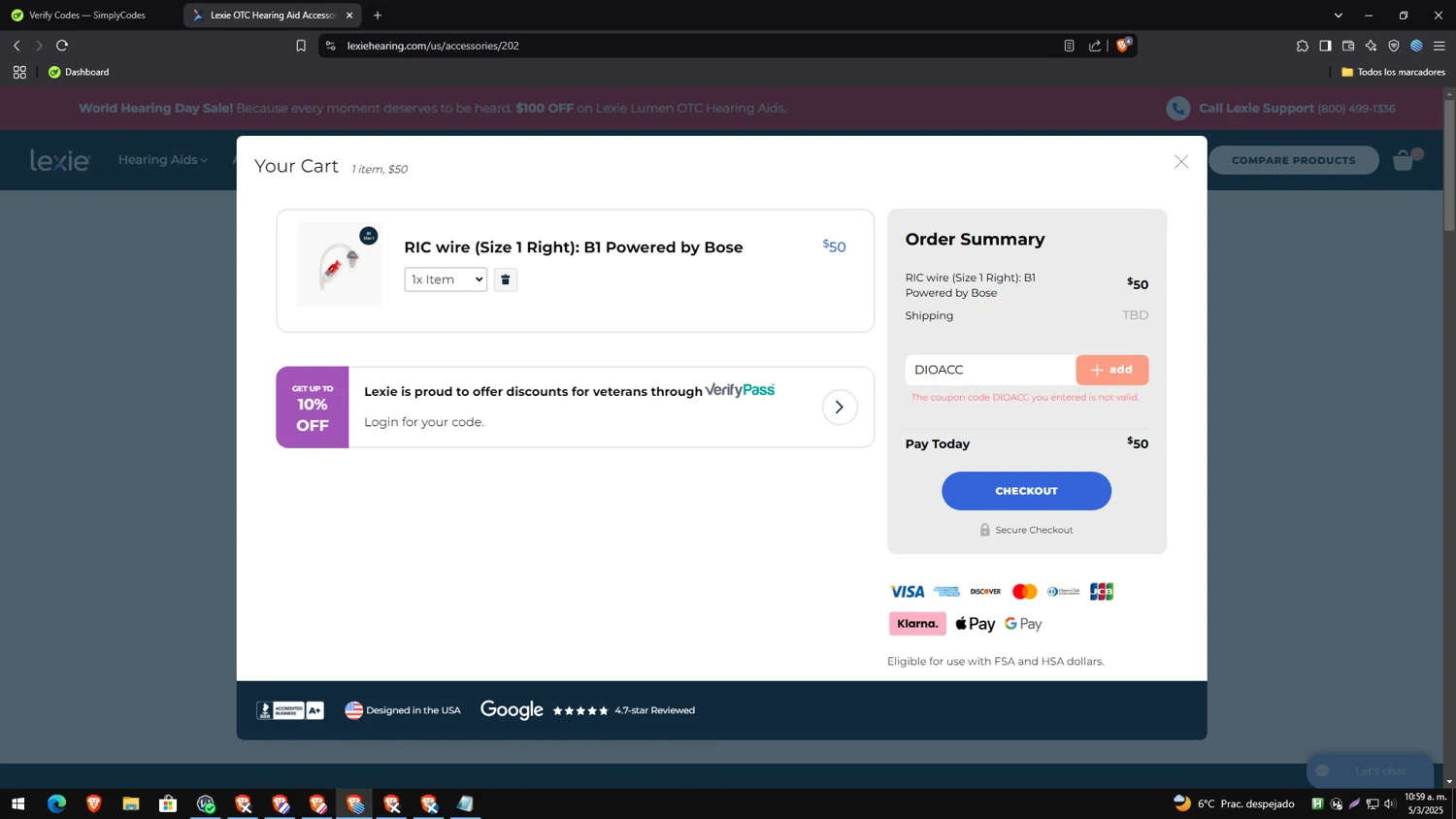 Lexie Hearing promo code screenshot showing code DIOACC applied at Lexie Hearing checkout page. Uploaded by SimplyCodes community member MagnificentAce6663 on Mar 5, 2025