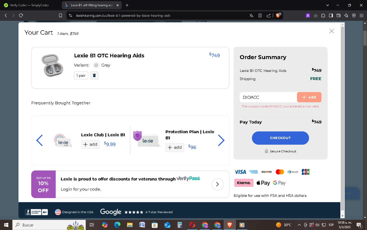 Lexie Hearing promo code screenshot showing code DIOACC applied at Lexie Hearing checkout page. Uploaded by SimplyCodes community member FrugalMonarch7277 on Mar 5, 2025