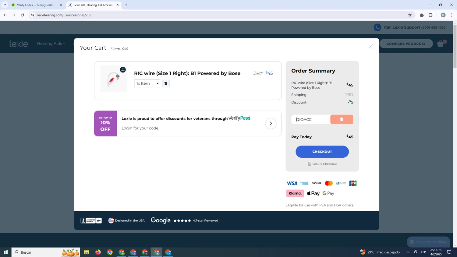 Lexie Hearing checkout page showing Lexie Hearing promo code box | Screenshot taken by SimplyCodes community member on Feb 4, 2025