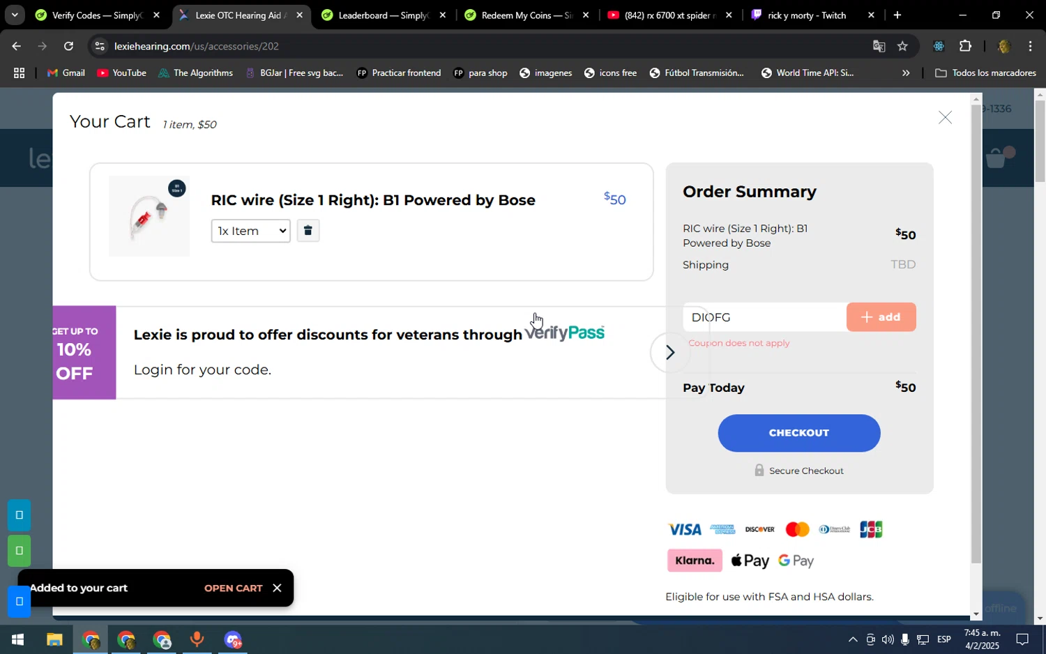 Lexie Hearing checkout page showing Lexie Hearing promo code box | Screenshot taken by SimplyCodes community member on Feb 4, 2025