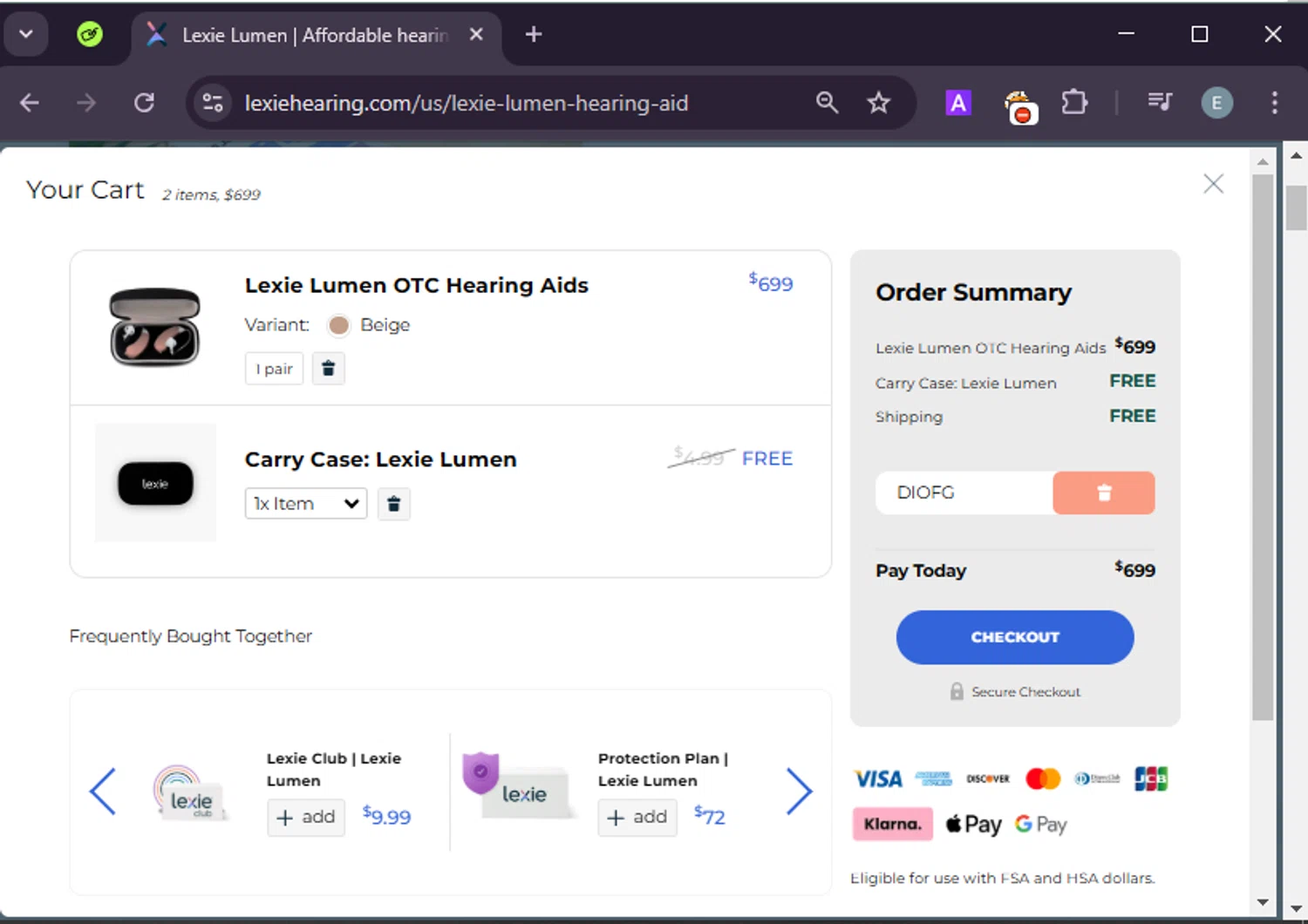 Lexie Hearing checkout page showing Lexie Hearing promo code box | Screenshot taken by SimplyCodes community member on Feb 18, 2025